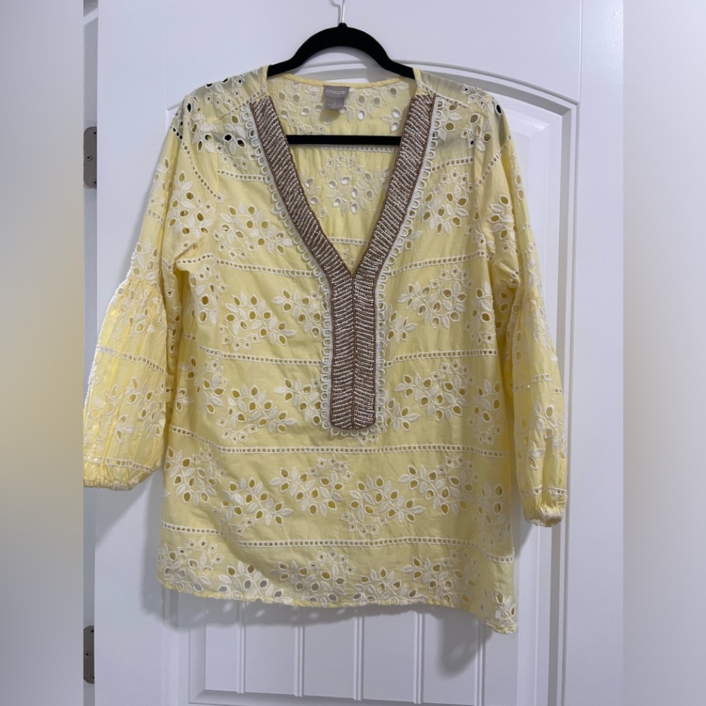 Chico’s Yellow Eyelit Top with Beading Size 2